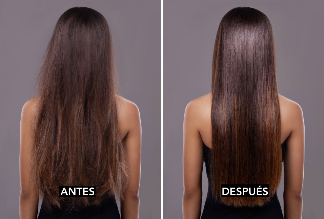 antes y después de usar la mascarilla para extensiones